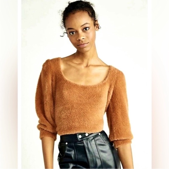 Free People Moonbeam Fuzzy Cozy Light Brown 3/4 Sleeve Sweater Size M - Picture 9 of 9